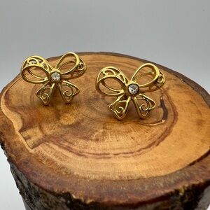 Gold Tone Bow Earrings with Rhinestones